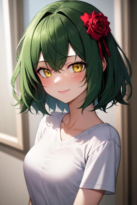 2497252-29267798-masterpiece, best quality, absurdres, perfect anatomy, 1girl, solo, green hair, medium hair, yellow eyes, smile, portrait, HairR.png